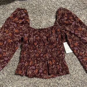 Chic Floral Smocked Blouse - Burgundy and Purple